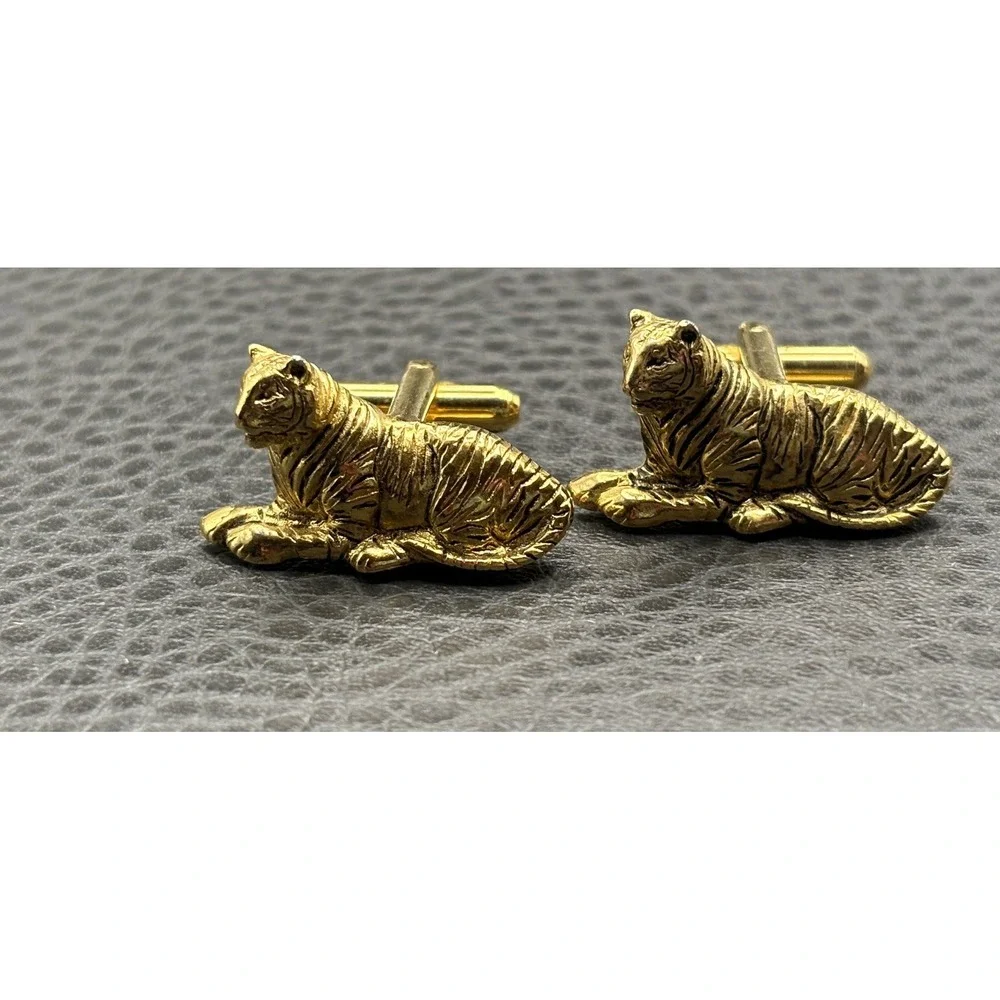 Vintage Figural Tiger Cat Cufflinks Gold Tone Unique Statement Men's Accessory